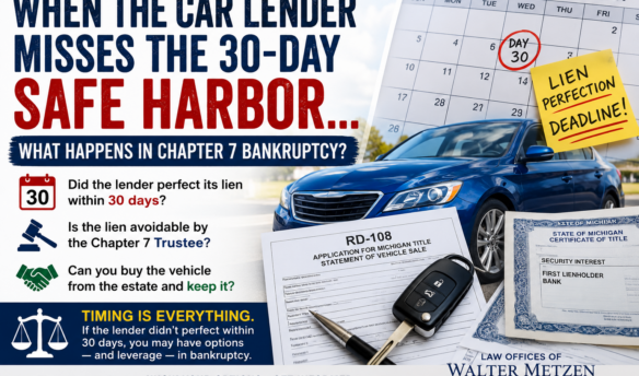 Chapter 7 bankruptcy and vehicle lien perfection showing a car, Michigan RD-108 title application, 30-day deadline calendar, and Chapter 7 Trustee options when an auto lender misses the lien perfection safe harbor.