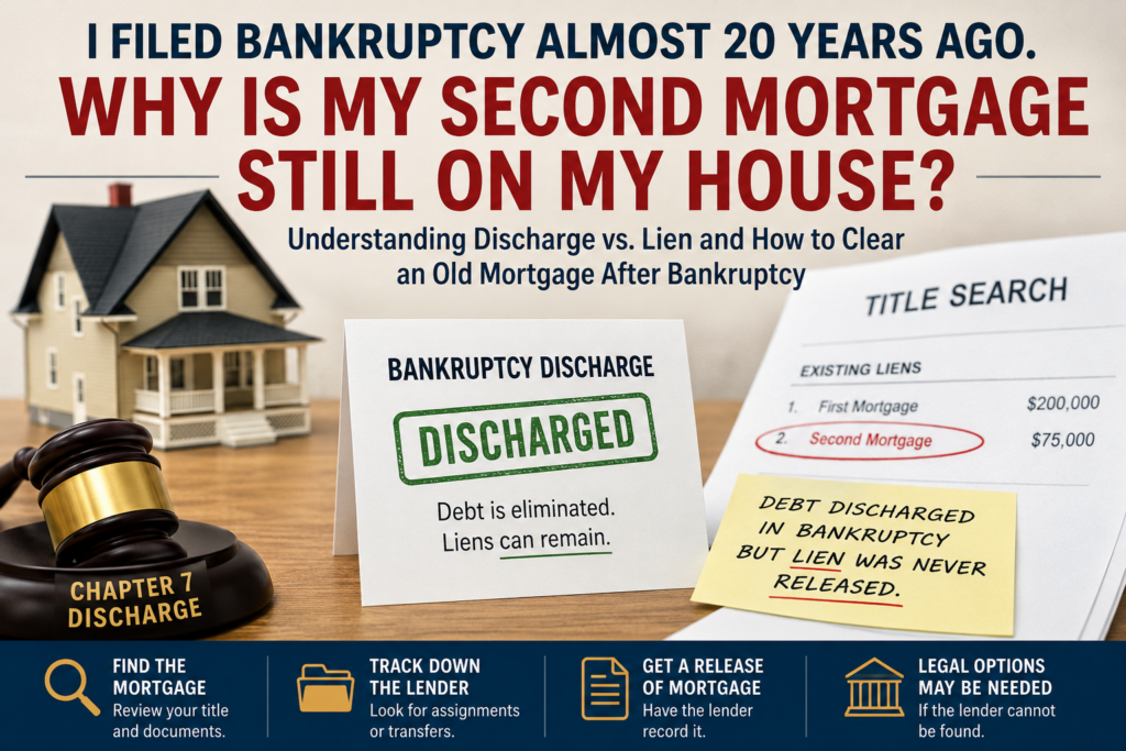Chapter 7 bankruptcy discharge with an old second mortgage lien still appearing on a home title search, illustrating the difference between discharged debt and a surviving mortgage lien.