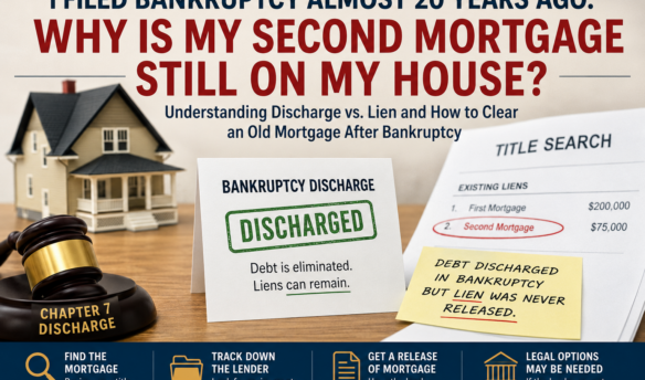 Chapter 7 bankruptcy discharge with an old second mortgage lien still appearing on a home title search, illustrating the difference between discharged debt and a surviving mortgage lien.