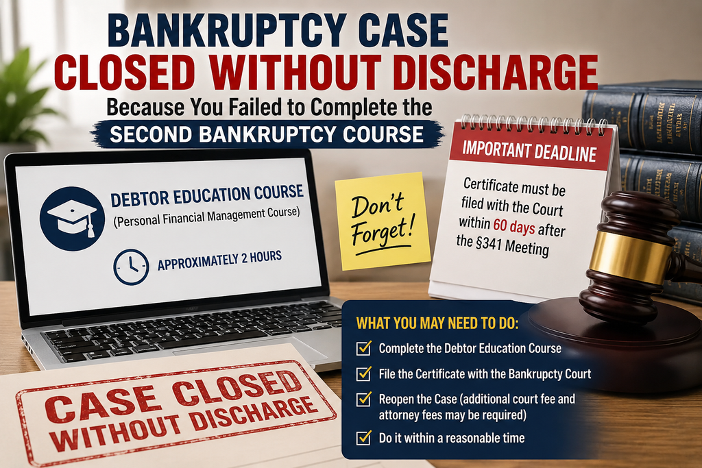 Bankruptcy case closed without discharge due to failure to complete the second debtor education course, with a warning about the filing deadline and reopening the case.
