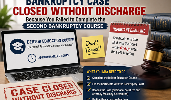 Bankruptcy case closed without discharge due to failure to complete the second debtor education course, with a warning about the filing deadline and reopening the case.