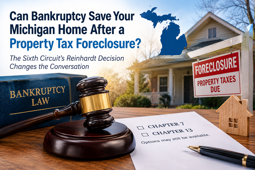 Michigan home facing property tax foreclosure with bankruptcy law documents, gavel, and Michigan map illustrating how bankruptcy and recent court decisions may affect a completed tax foreclosure