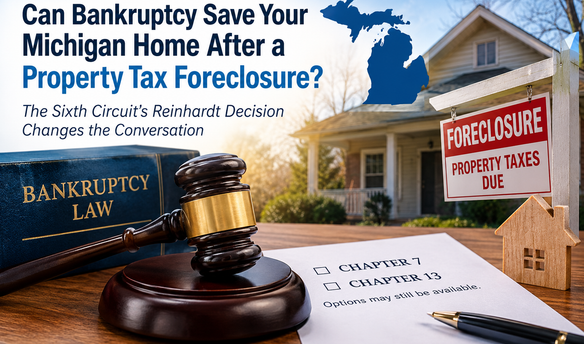 Michigan home facing property tax foreclosure with bankruptcy law documents, gavel, and Michigan map illustrating how bankruptcy and recent court decisions may affect a completed tax foreclosure