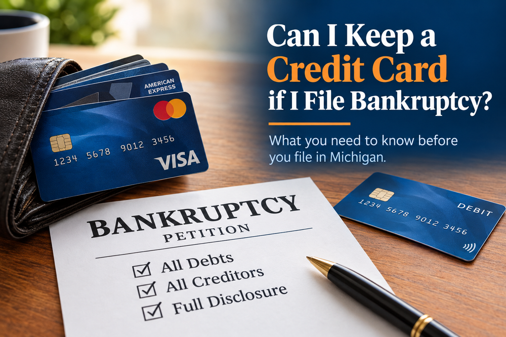 Can I keep a credit card if I file bankruptcy? Credit cards beside a Michigan bankruptcy petition and debit card.