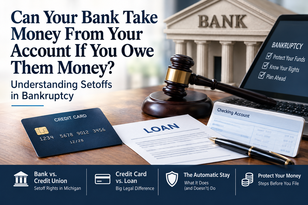 Bank setoff in bankruptcy showing a bank, checking account, credit card, loan, and gavel illustrating how banks and credit unions may freeze funds when a debtor owes them money.