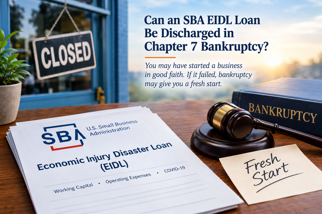 SBA EIDL loan documents and bankruptcy gavel representing discharge of COVID-19 small business debt in Chapter 7 bankruptcy