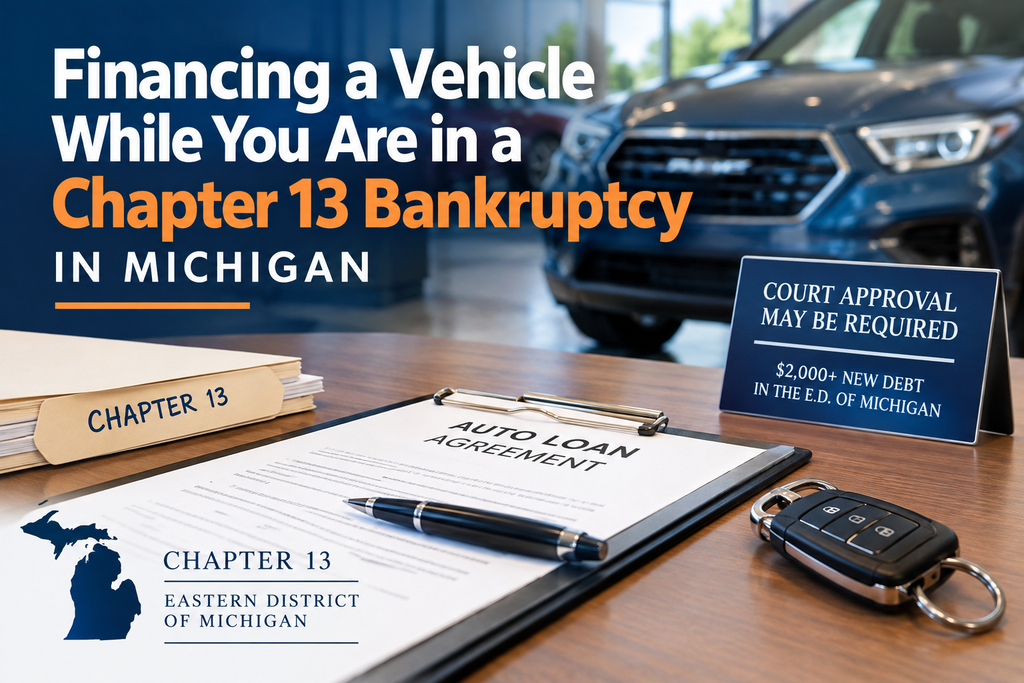 Financing a vehicle during Chapter 13 bankruptcy in Michigan with a car loan agreement and bankruptcy court approval documents.