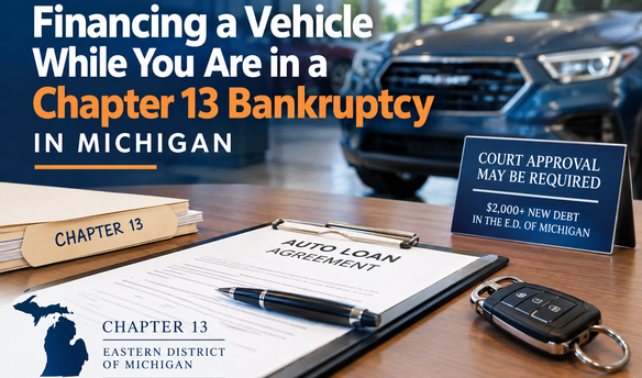 Financing a vehicle during Chapter 13 bankruptcy in Michigan with a car loan agreement and bankruptcy court approval documents.