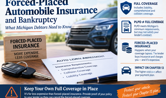 Forced-placed automobile insurance and Michigan bankruptcy showing a financed vehicle, full coverage requirements, PLPD versus comprehensive and collision insurance, and the potential impact on a Chapter 13 payment plan