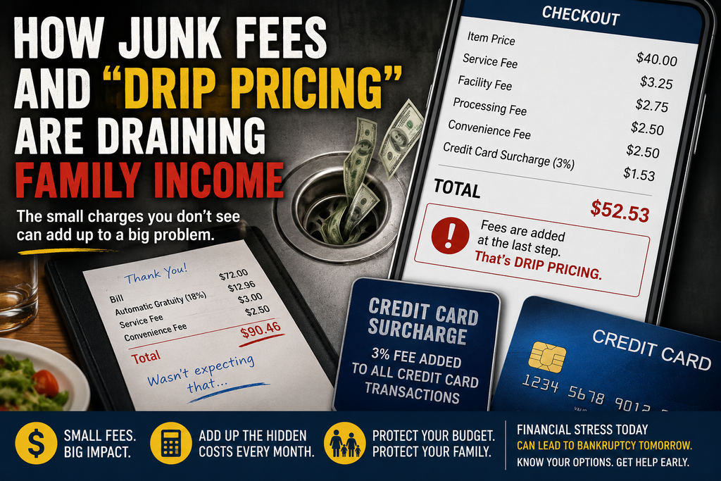 Illustration of a family budget being drained by junk fees, hidden charges, service fees and credit-card surcharges