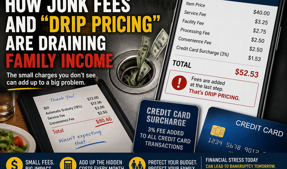 Illustration of a family budget being drained by junk fees, hidden charges, service fees and credit-card surcharges