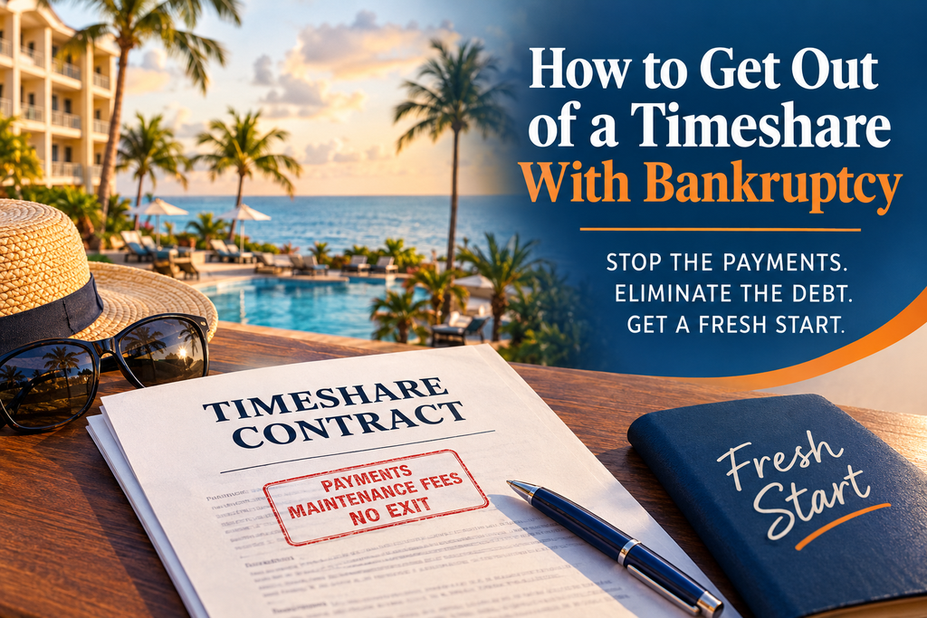 How to get out of a timeshare with bankruptcy, showing a timeshare contract, resort vacation and fresh financial start
