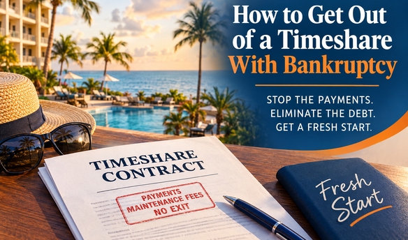 How to get out of a timeshare with bankruptcy, showing a timeshare contract, resort vacation and fresh financial start
