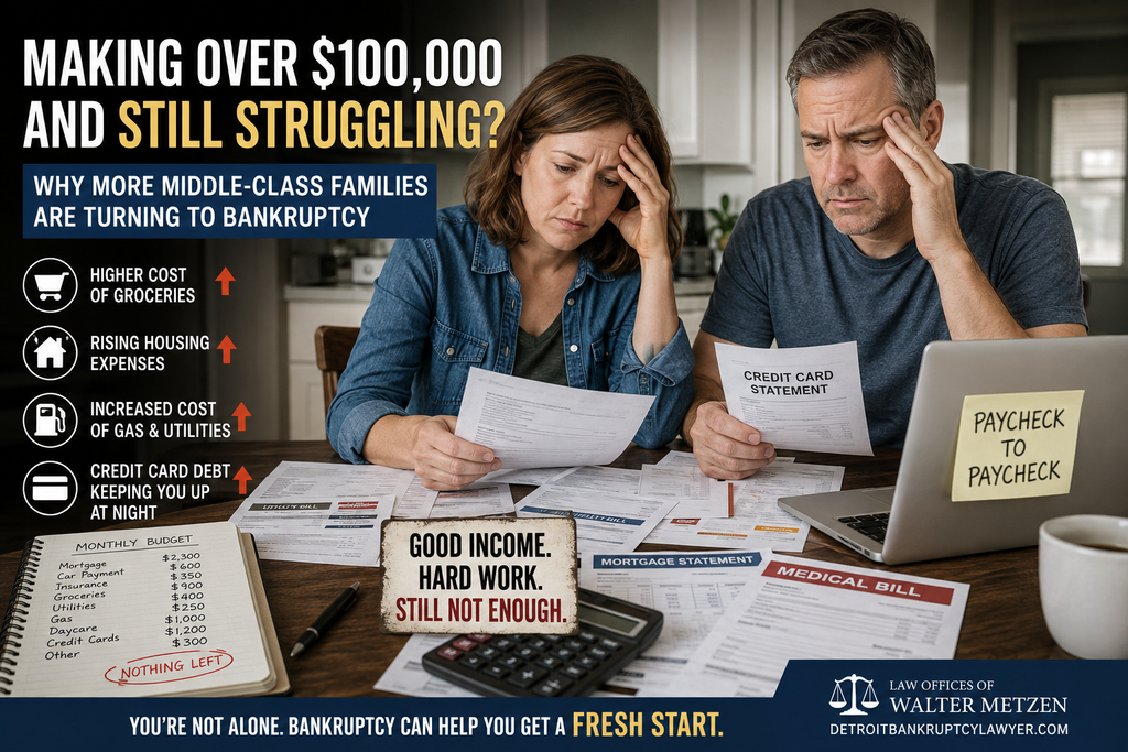 Middle-class couple earning over $100,000 reviews bills and credit card debt while struggling with rising food, housing, utility, and living costs