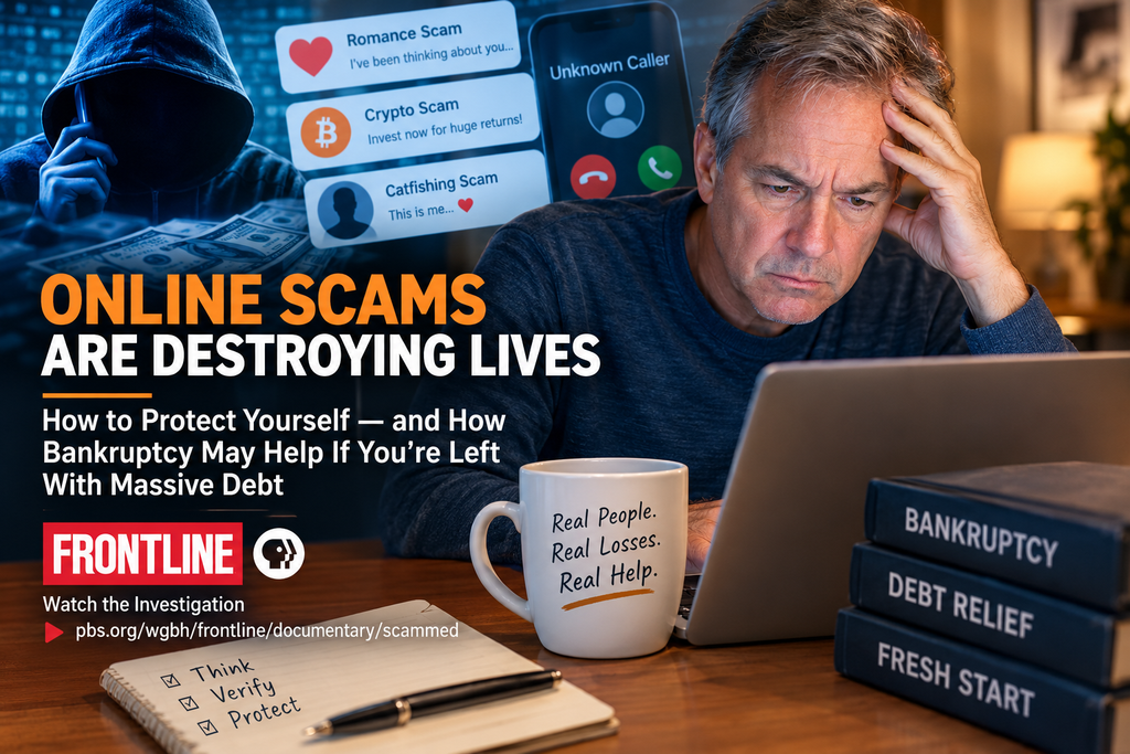 Online scam victim facing massive debt while messages show romance, cryptocurrency and catfishing scams, illustrating how bankruptcy may help scam victims