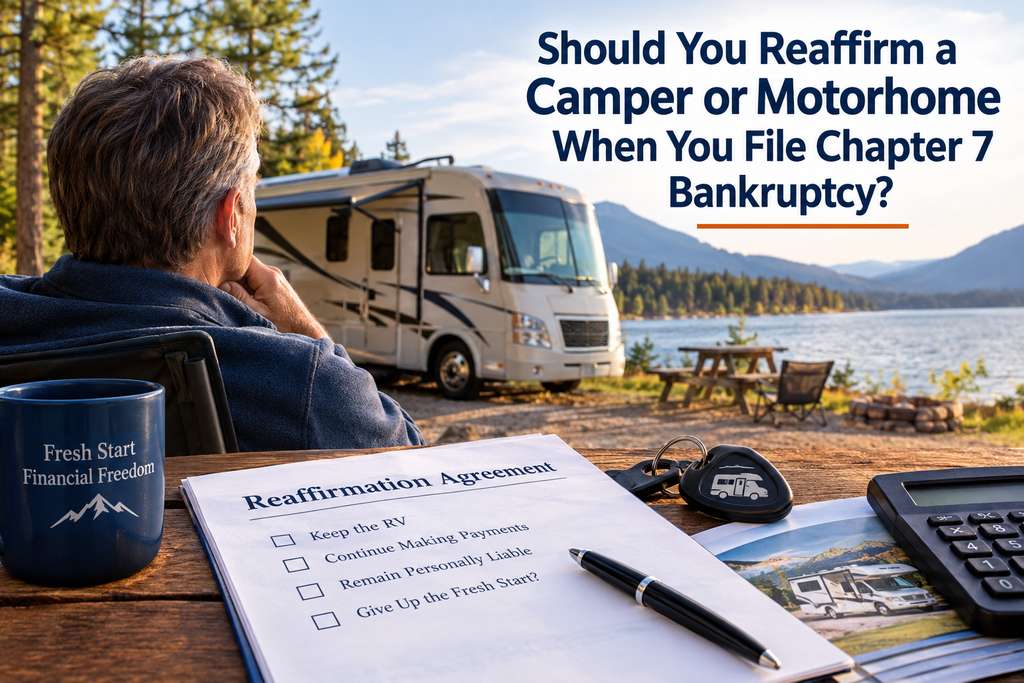 Man considering whether to reaffirm a camper or motorhome loan in Chapter 7 bankruptcy while reviewing a reaffirmation agreement beside an RV