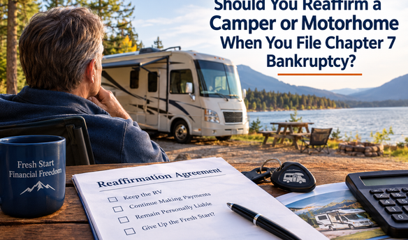 Man considering whether to reaffirm a camper or motorhome loan in Chapter 7 bankruptcy while reviewing a reaffirmation agreement beside an RV