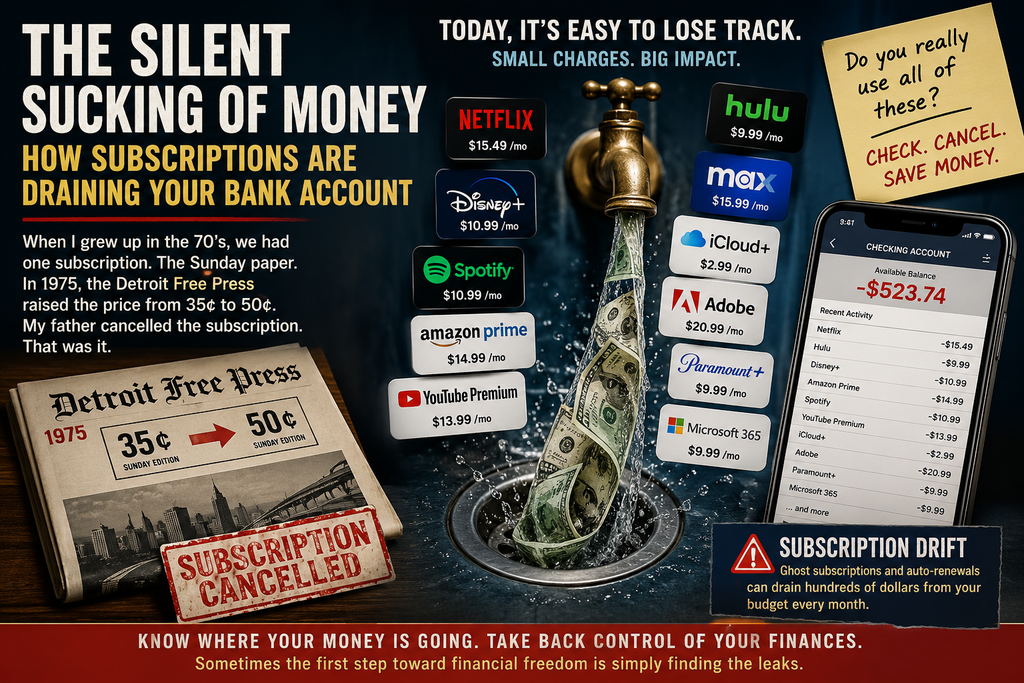 Illustration of money silently draining from a household bank account through numerous monthly subscription charges, representing subscription drift and hidden recurring expenses.