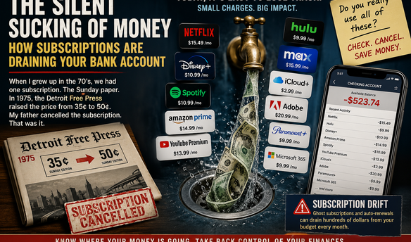 Illustration of money silently draining from a household bank account through numerous monthly subscription charges, representing subscription drift and hidden recurring expenses.