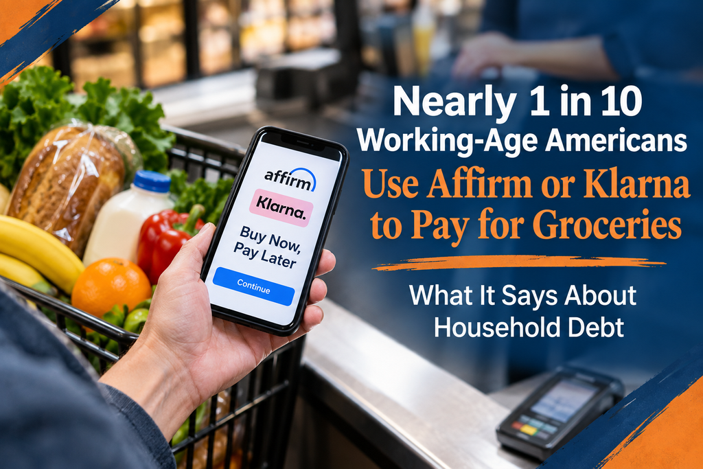 Person using a smartphone with Affirm and Klarna Buy Now Pay Later options while shopping for groceries, illustrating the growing use of BNPL to finance household food purchases.