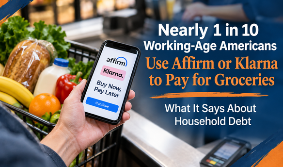 Person using a smartphone with Affirm and Klarna Buy Now Pay Later options while shopping for groceries, illustrating the growing use of BNPL to finance household food purchases.