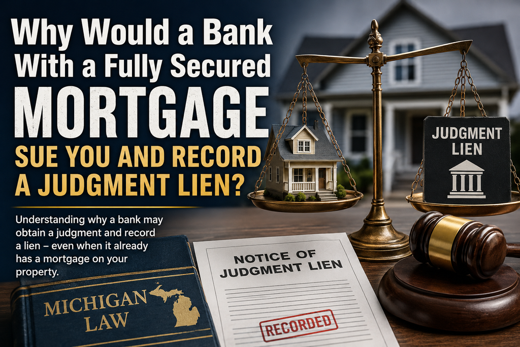 Michigan bank judgment lien and mortgage illustration showing a house, scales of justice, gavel, and recorded notice of judgment lien.
