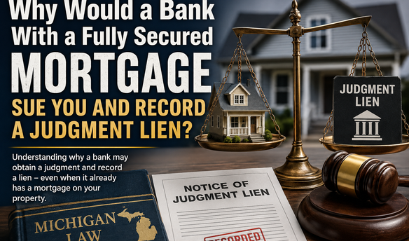 Michigan bank judgment lien and mortgage illustration showing a house, scales of justice, gavel, and recorded notice of judgment lien.