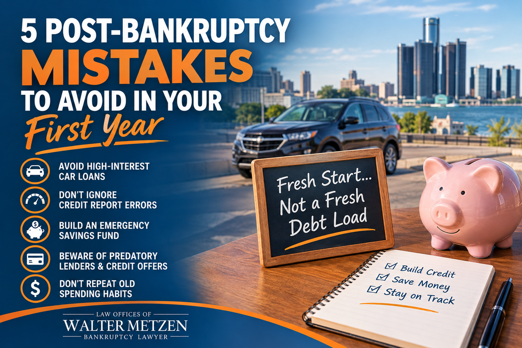 Graphic illustrating five post-bankruptcy mistakes to avoid in the first year, including high-interest car loans, ignoring credit report errors, failing to build emergency savings, accepting predatory credit offers, and returning to old spending habits.