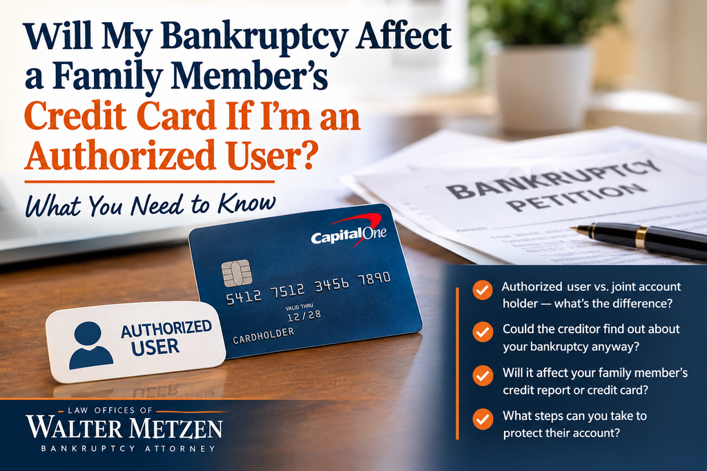Bankruptcy and authorized user on a family member’s credit card, showing a credit card, bankruptcy petition, and explanation of potential effects on the family member’s credit report and account.
