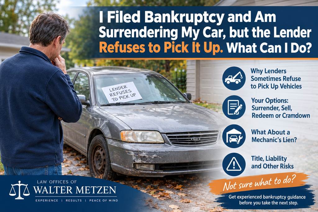 Michigan bankruptcy debtor standing beside an old damaged car that a lender refuses to repossess, illustrating vehicle surrender options and title issues after bankruptcy.