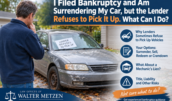 Michigan bankruptcy debtor standing beside an old damaged car that a lender refuses to repossess, illustrating vehicle surrender options and title issues after bankruptcy.