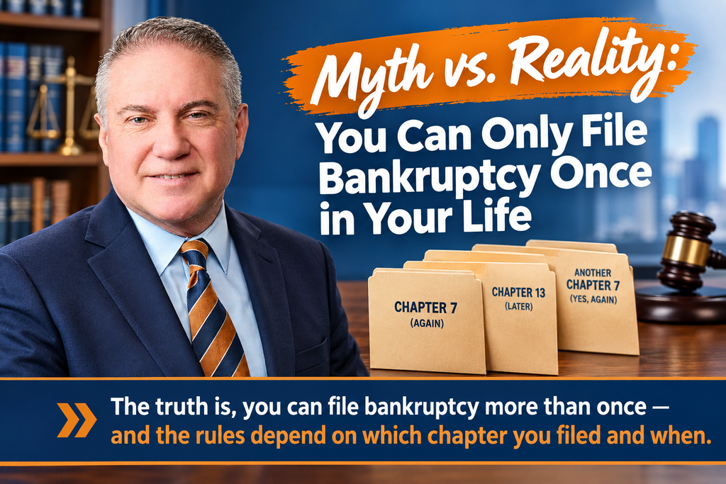 Attorney Walter Metzen in a navy suit beside the headline “Myth vs. Reality: You Can Only File Bankruptcy Once in Your Life,” with Chapter 7 and Chapter 13 folders illustrating repeat bankruptcy filings.