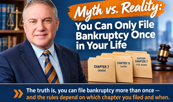 Attorney Walter Metzen in a navy suit beside the headline “Myth vs. Reality: You Can Only File Bankruptcy Once in Your Life,” with Chapter 7 and Chapter 13 folders illustrating repeat bankruptcy filings.