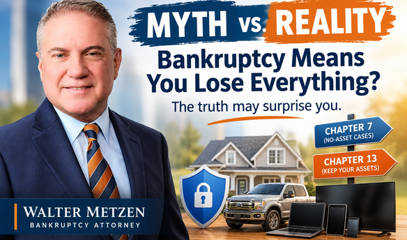 Attorney Walter Metzen in a navy suit beside a graphic explaining the myth versus reality of losing everything in bankruptcy, featuring a house, truck, electronics, and signs for Chapter 7 and Chapter 13 bankruptcy.