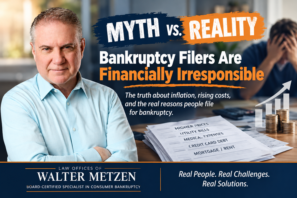 Walter Metzen, Michigan consumer bankruptcy attorney, featured in a Myth vs. Reality graphic explaining how inflation, rising living costs, medical expenses, and debt can lead responsible people to file bankruptcy.