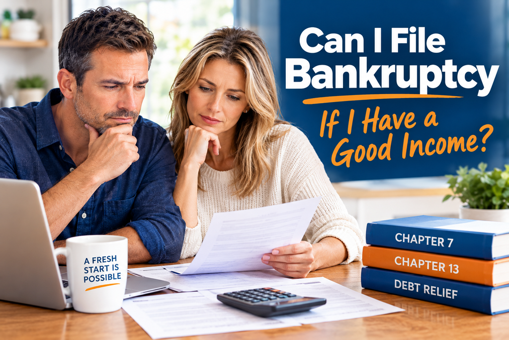 Married couple reviewing financial documents and calculating debt at a table with the headline Can I File Bankruptcy If I Have a Good Income?