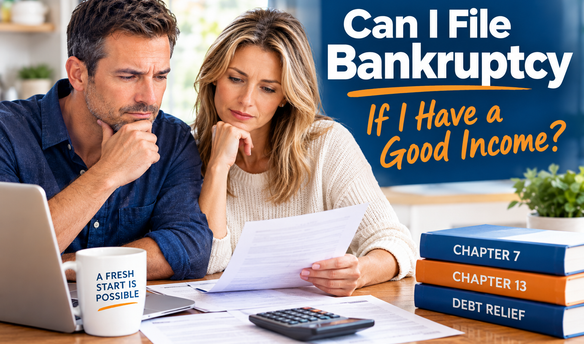 Married couple reviewing financial documents and calculating debt at a table with the headline Can I File Bankruptcy If I Have a Good Income?