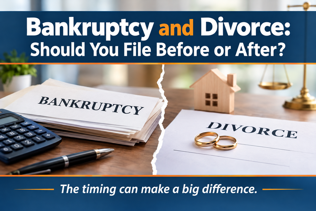 Bankruptcy and divorce documents representing the decision of whether to file bankruptcy before or after divorce