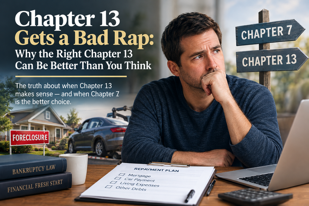 Chapter 13 bankruptcy gets a bad rap. A worried man considers Chapter 7 versus Chapter 13 while facing mortgage foreclosure, car payments, and a bankruptcy repayment plan.