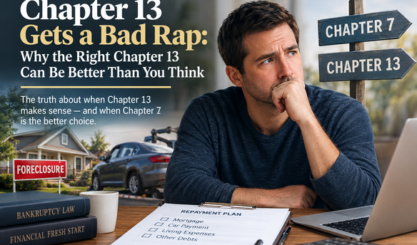 Chapter 13 bankruptcy gets a bad rap. A worried man considers Chapter 7 versus Chapter 13 while facing mortgage foreclosure, car payments, and a bankruptcy repayment plan.