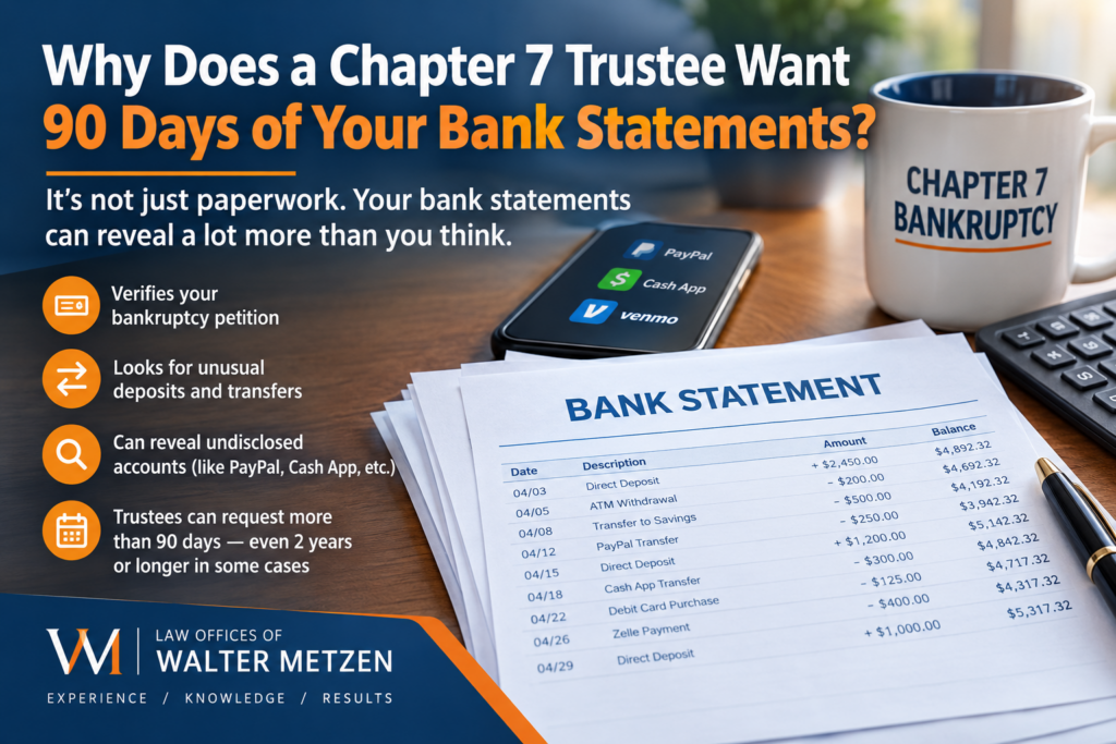 Chapter 7 trustee reviewing 90 days of bank statements for unusual transfers and undisclosed accounts