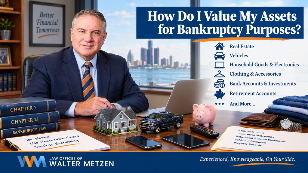 Michigan bankruptcy attorney explaining how to value a home, vehicles, household goods, bank accounts, and retirement accounts for a Chapter 7 or Chapter 13 bankruptcy filing.