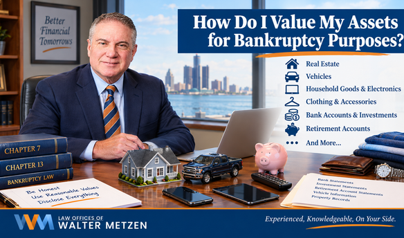 Michigan bankruptcy attorney explaining how to value a home, vehicles, household goods, bank accounts, and retirement accounts for a Chapter 7 or Chapter 13 bankruptcy filing.