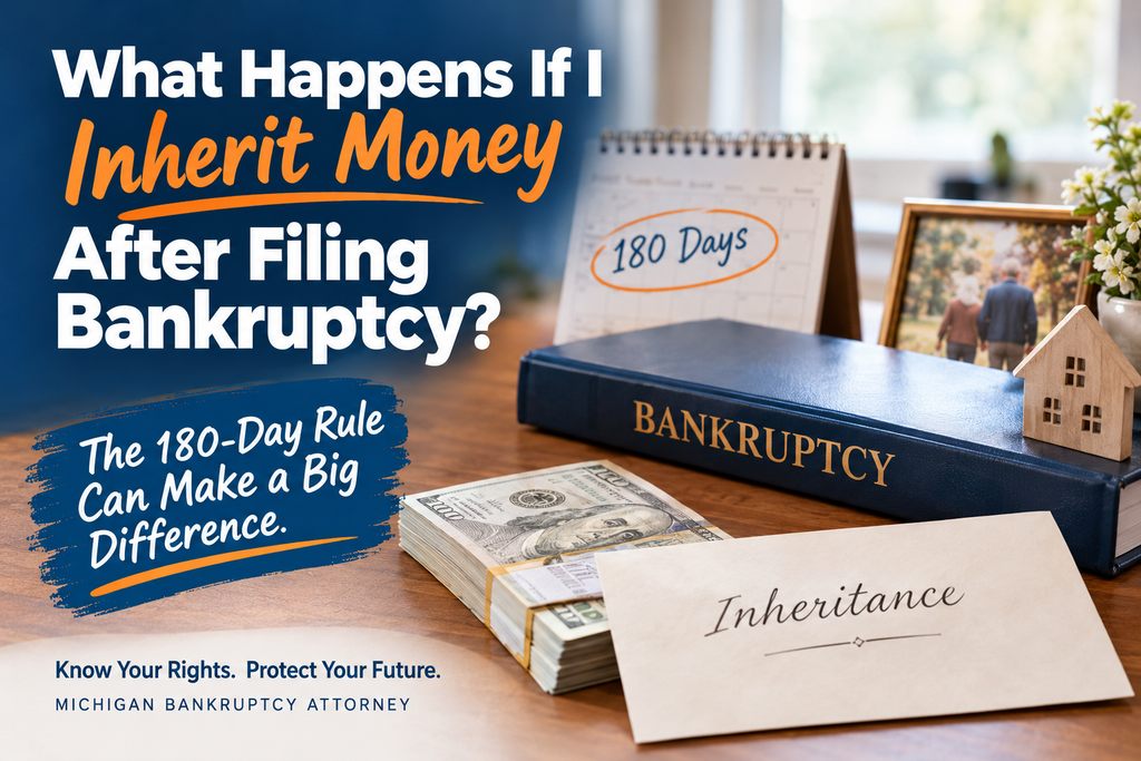 Bankruptcy inheritance illustration showing money, an inheritance envelope, a bankruptcy binder, a calendar marked 180 days, a family photograph, and a house model, illustrating what happens when you inherit money after filing bankruptcy.