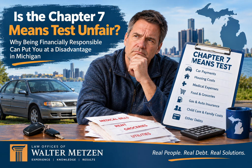 Illustration of the Chapter 7 means test in Michigan, showing a concerned man beside an older paid-off car and a checklist of car payments, housing costs, medical expenses, groceries, gas, auto insurance, and family expenses.