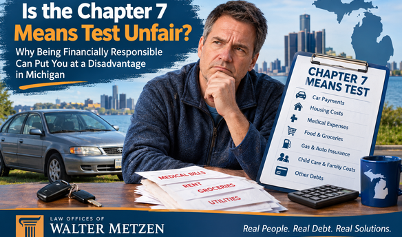 Illustration of the Chapter 7 means test in Michigan, showing a concerned man beside an older paid-off car and a checklist of car payments, housing costs, medical expenses, groceries, gas, auto insurance, and family expenses.