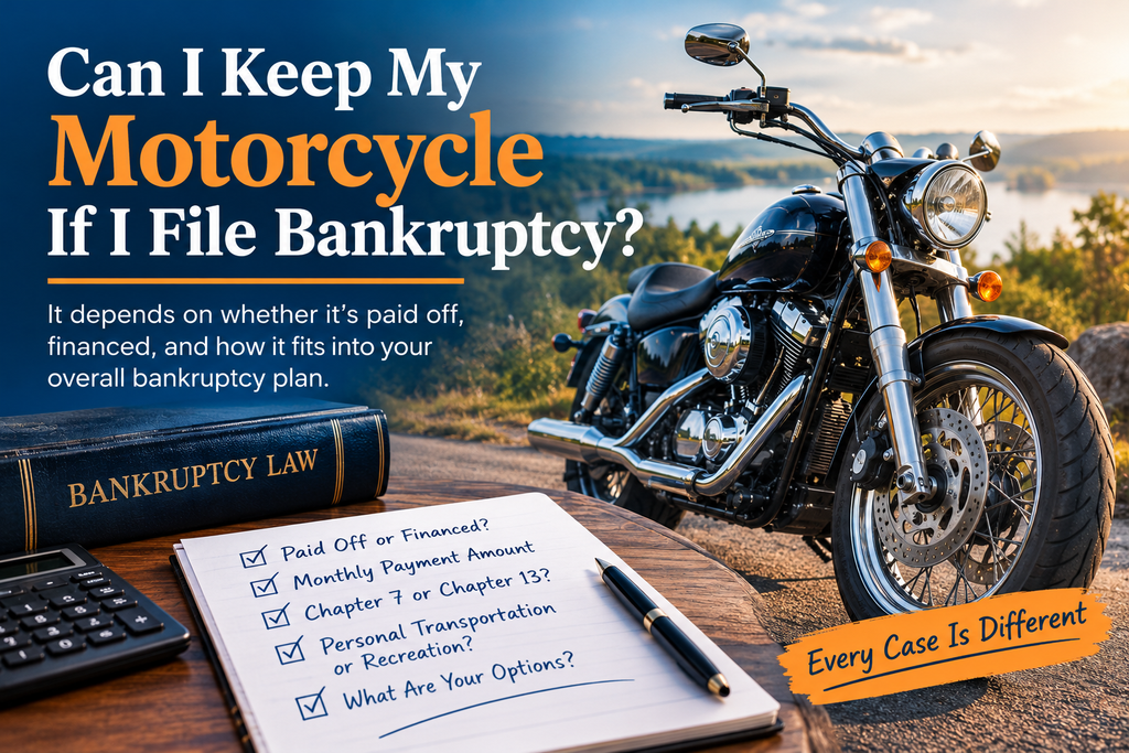 Can I keep my motorcycle if I file bankruptcy? A motorcycle beside bankruptcy paperwork illustrating how Chapter 7 and Chapter 13 affect motorcycle ownership, loan payments, and exemptions.
