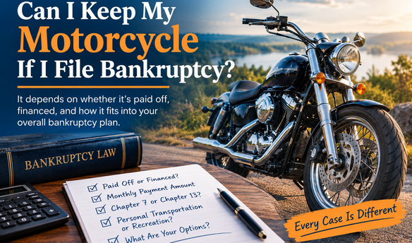 Can I keep my motorcycle if I file bankruptcy? A motorcycle beside bankruptcy paperwork illustrating how Chapter 7 and Chapter 13 affect motorcycle ownership, loan payments, and exemptions.