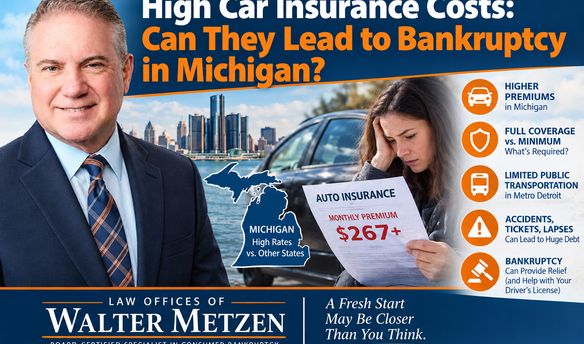 Walter Metzen featured in a graphic about high car insurance costs in Michigan, showing a concerned driver reviewing an auto insurance bill, a vehicle, the Detroit skyline, and how bankruptcy may help with automobile-related debt.