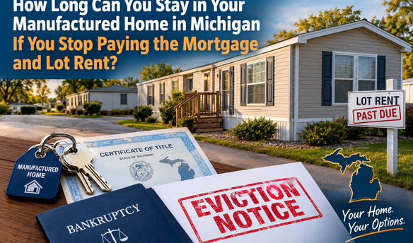 Michigan manufactured home in a mobile home park with a past-due lot rent sign, manufactured home title, keys, bankruptcy folder, and eviction notice, illustrating Michigan eviction and repossession rights when mortgage payments and lot rent are unpaid.